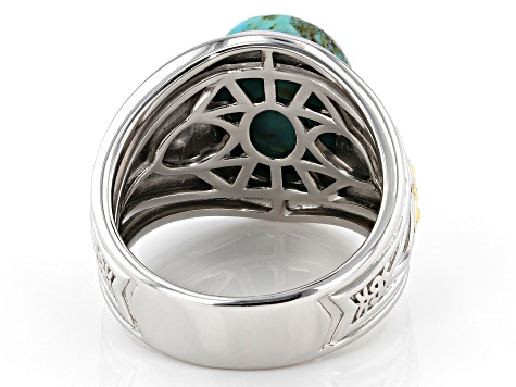 Blue Turquoise Rhodium and 18K Yellow Gold Over Sterling Silver Two-Tone Mens Ring.