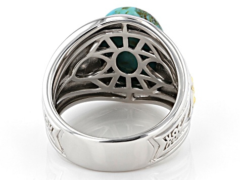 Blue Composite Turquoise Rhodium and 18K Yellow Gold Over Sterling Silver Two-Tone Mens Ring.