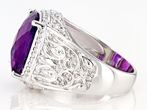 Purple African Amethyst Rhodium Over Silver Mens Ring 9.45ct