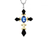 Blue Spinel Rhodium & Gold Over Silver Two-Tone Cross Pendant With Chain 1.83ctw