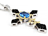 Blue Spinel Rhodium & Gold Over Silver Two-Tone Cross Pendant With Chain 1.83ctw
