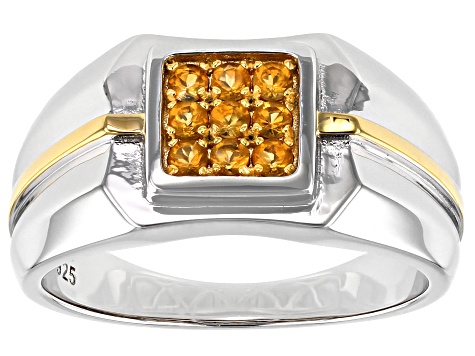 Golden Citrine Rhodium Over Sterling Silver Two-Tone Men's Ring .31ctw