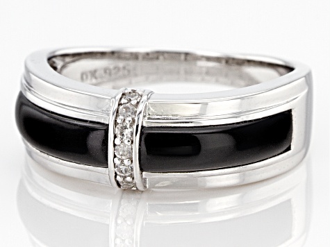 Black Onyx Rhodium Over Sterling Silver Men's Band Ring .17ctw