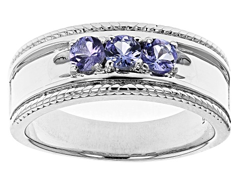 Blue Tanzanite Rhodium Over Sterling Silver Mens Band Ring .77ctw