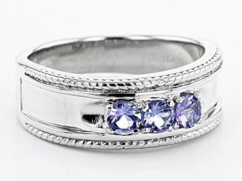 Blue Tanzanite Rhodium Over Sterling Silver Mens Band Ring .77ctw