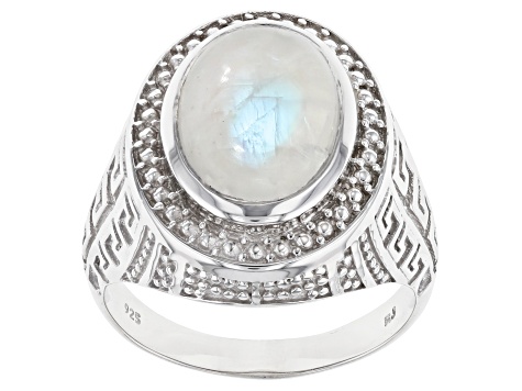 Multicolor Rainbow Moonstone Rhodium Over Sterling Silver Solitaire Men's Ring