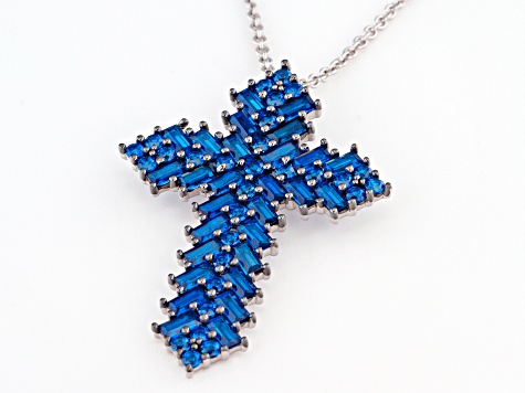 Blue Lab Created Spinel Rhodium Over Sterling Silver Mens Cross Pendant With Chain 3.25ctw