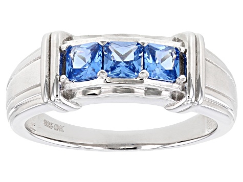 Blue Lab Created Spinel Rhodium Over Sterling Silver Men's Ring 1.28ctw
