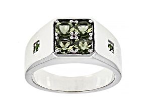 Green Moldavite Rhodium Over Sterling Silver Men's Ring .86ctw
