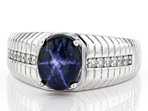 Blue Star Sapphire Rhodium Over Silver Men's Ring 4.11ctw