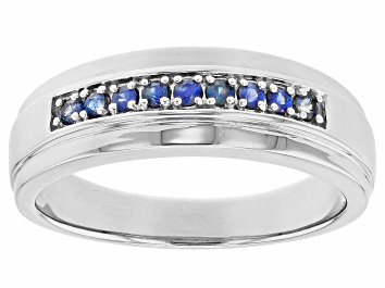 Picture of Blue Sapphire Rhodium Over Sterling Silver Men's Wedding Band Ring .23ctw