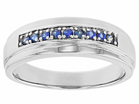 Blue Sapphire Rhodium Over Sterling Silver Men's Wedding Band Ring .23ctw