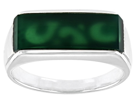 Green Onyx Inlay Rhodium Over Sterling Silver Mens Band Ring