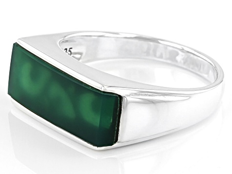 Green Onyx Inlay Rhodium Over Sterling Silver Mens Band Ring