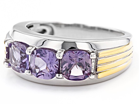 Purple Lab Color Change Sapphire Rhodium & 18k Yellow Gold Over Silver Two-Tone Men's Ring 2.81ctw