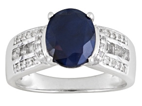 Blue Sapphire Rhodium Over Sterling Silver Ring 6.03ctw.
