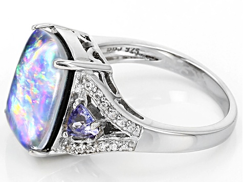 Multicolor Australian Opal Triplet Rhodium Over Sterling Silver Ring .66ctw