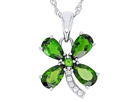 Green Chrome Diopside Rhodium Over Sterling Silver Clover Pendant With Chain 3.20ctw