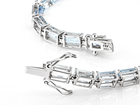 Blue Emerald Cut Aquamarine Rhodium Over 14k White Gold Tennis Bracelet 10.50ctw