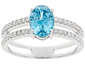 Blue Zircon And Round White Diamond Rhodium Over 14K White Gold Ring 2.77ctw