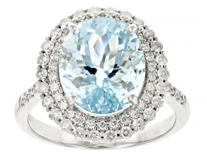 Aquamarine With White Diamond Rhodium Over 14k White Gold Ring 5.05ctw