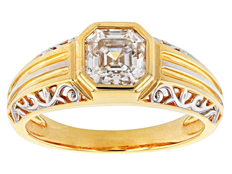 Moissanite 14k yellow gold over sterling silver and platineve mens ring 1.85ct DEW.