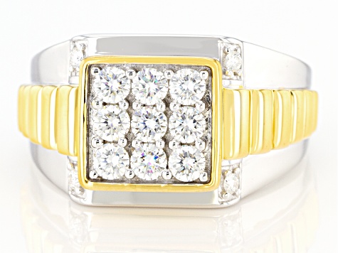 Moissanite platineve and 14k yellow gold over platineve two tone mens ring .98ctw DEW.