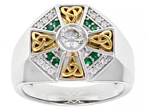 Moissanite and Zambian emerald platineve and 14k yellow gold over platineve mens ring .62ctw DEW