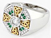 Moissanite and Zambian emerald platineve and 14k yellow gold over platineve mens ring .62ctw DEW