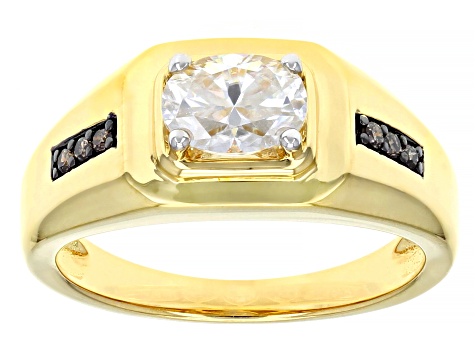 Moissanite and champagne diamond 14k yellow gold over silver mens ring 1.50ct DEW.