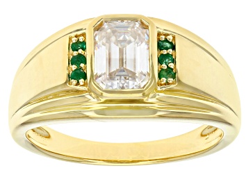 Picture of Moissanite and emerald 14k yellow gold over silver mens ring 1.75ct DEW