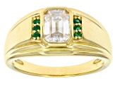 Moissanite and emerald 14k yellow gold over silver mens ring 1.75ct DEW