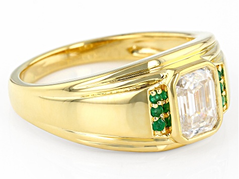 Moissanite and emerald 14k yellow gold over silver mens ring 1.75ct DEW