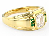 Moissanite and emerald 14k yellow gold over silver mens ring 1.75ct DEW