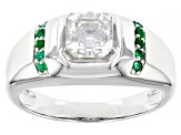 Moissanite And Emerald Platineve Mens Ring 1.85ct DEW.