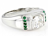 Moissanite And Emerald Platineve Mens Ring 1.85ct DEW.