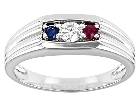 Moissanite and blue sapphire with ruby Platineve mens ring .23ct DEW.