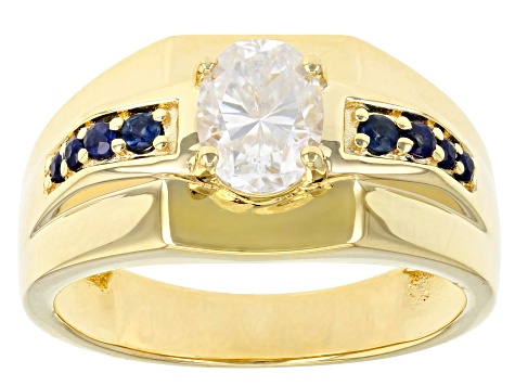 Moissanite and blue sapphire 14k yellow gold over sterling silver mens ring 1.50ct DEW.