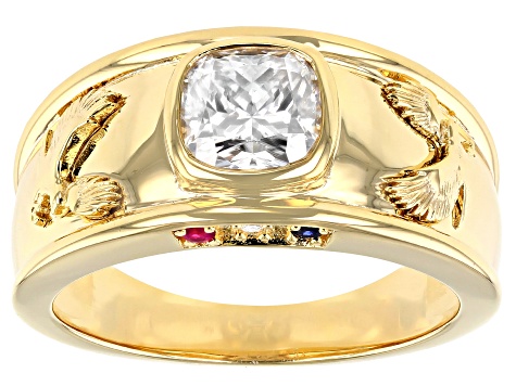 Moissanite and blue sapphire with ruby 14k yellow gold over silver mens eagle ring 1.74ctw DEW