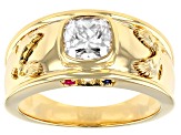 Moissanite and blue sapphire with ruby 14k yellow gold over silver mens eagle ring 1.74ctw DEW