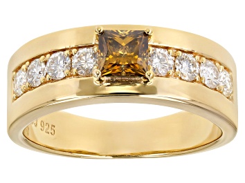 Picture of Champagne & colorless moissanite 14k yellow gold & rhodium over silver mens ring 1.50ctw DEW.