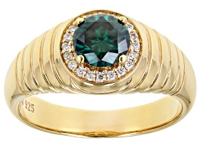 Green & colorless moissanite 14k yellow gold & rhodium over sterling silver mens ring 1.40ctw DEW.