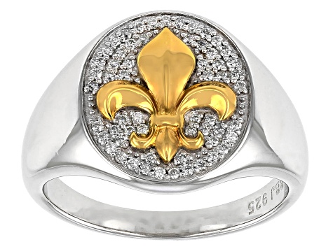 Moissanite platineve and 14k yellow gold over platineve two-tone Fleur-de-Lis mens ring .59ctw DEW.