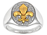 Moissanite platineve and 14k yellow gold over platineve two-tone Fleur-de-Lis mens ring .59ctw DEW.