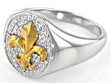 Moissanite platineve and 14k yellow gold over platineve two-tone Fleur-de-Lis mens ring .59ctw DEW.