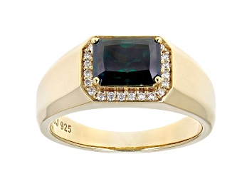 Picture of Green and colorless moissanite 14k yellow gold over silver mens ring 2.98ctw DEW.