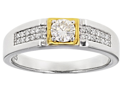 Moissanite platineve and 14k yellow gold over platineve mens ring .74ctw DEW.