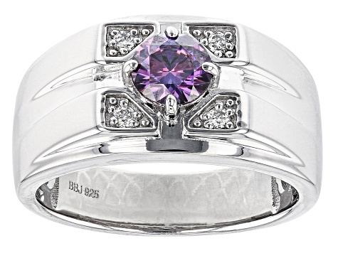 Purple and Colorless Moissanite Platineve Mens Ring .68ctw DEW.