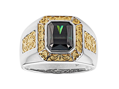 Dark green moissanite platineve and 14k yellow gold over platineve mens ring 3.90ct DEW.