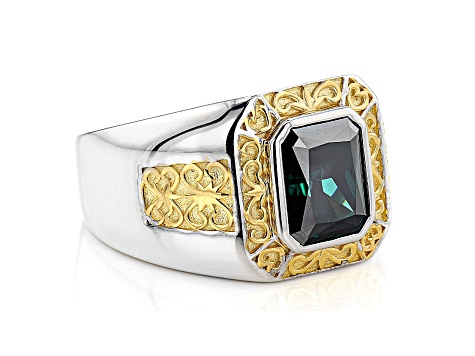 Dark green moissanite platineve and 14k yellow gold over platineve mens ring 3.90ct DEW.